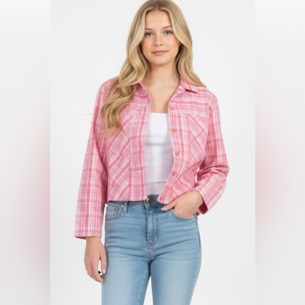 Christopher & Banks Pink Checkered Jean Jacket